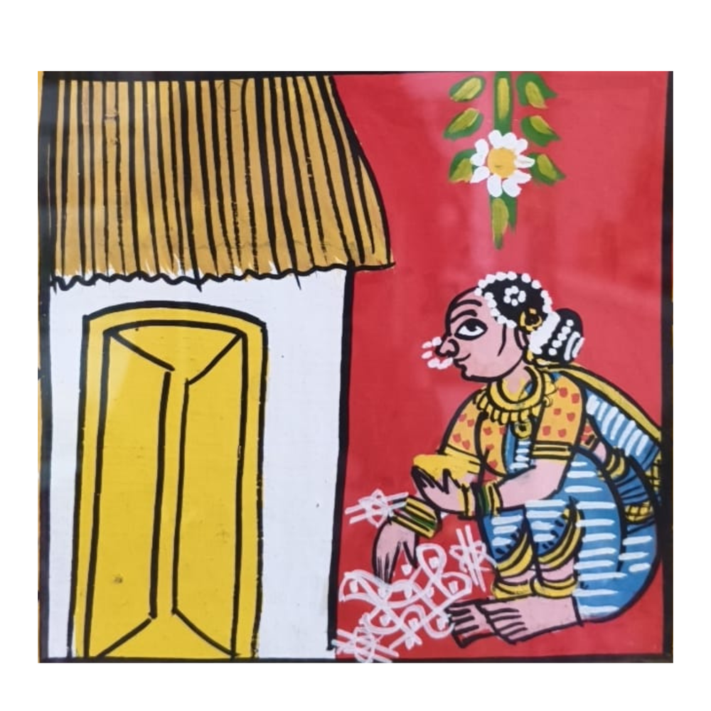 Woman Drawing Traditional Muggulu (Rangoli) - Cheriyal Folk Art Painting   Cheriyala Painting