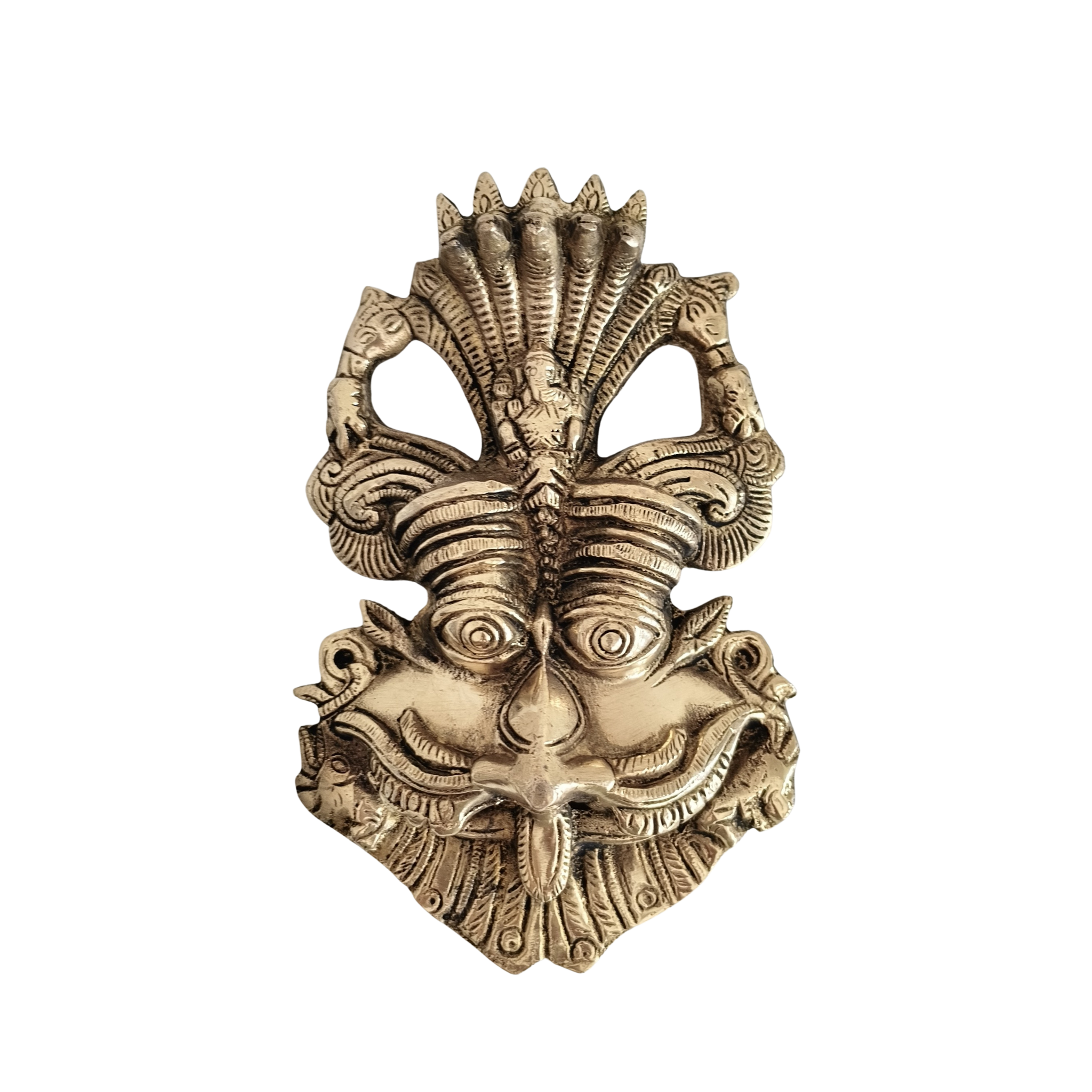 Powerful Golden Brass Kirtimukha Wall Hanging with Naga Serpent Canopy
