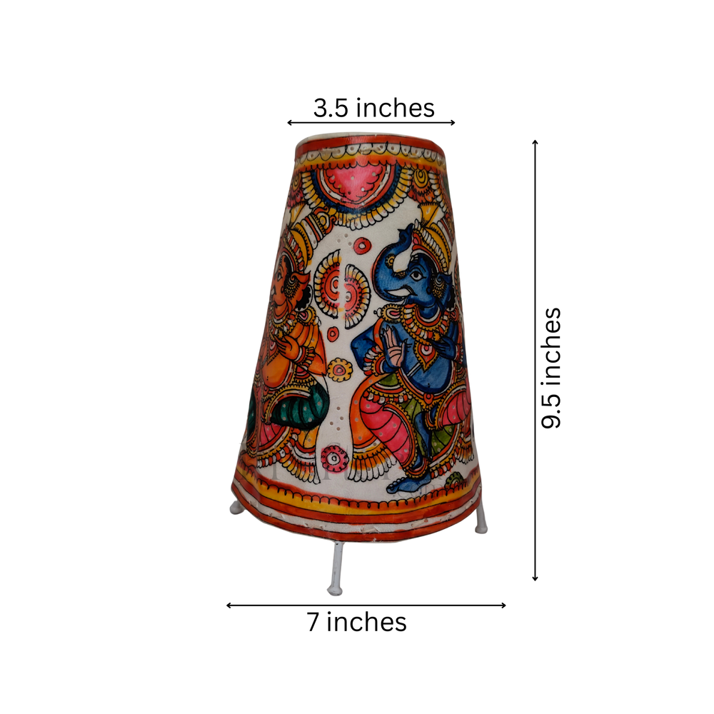 Decorative lampshade with artistic design and measurements on a white background