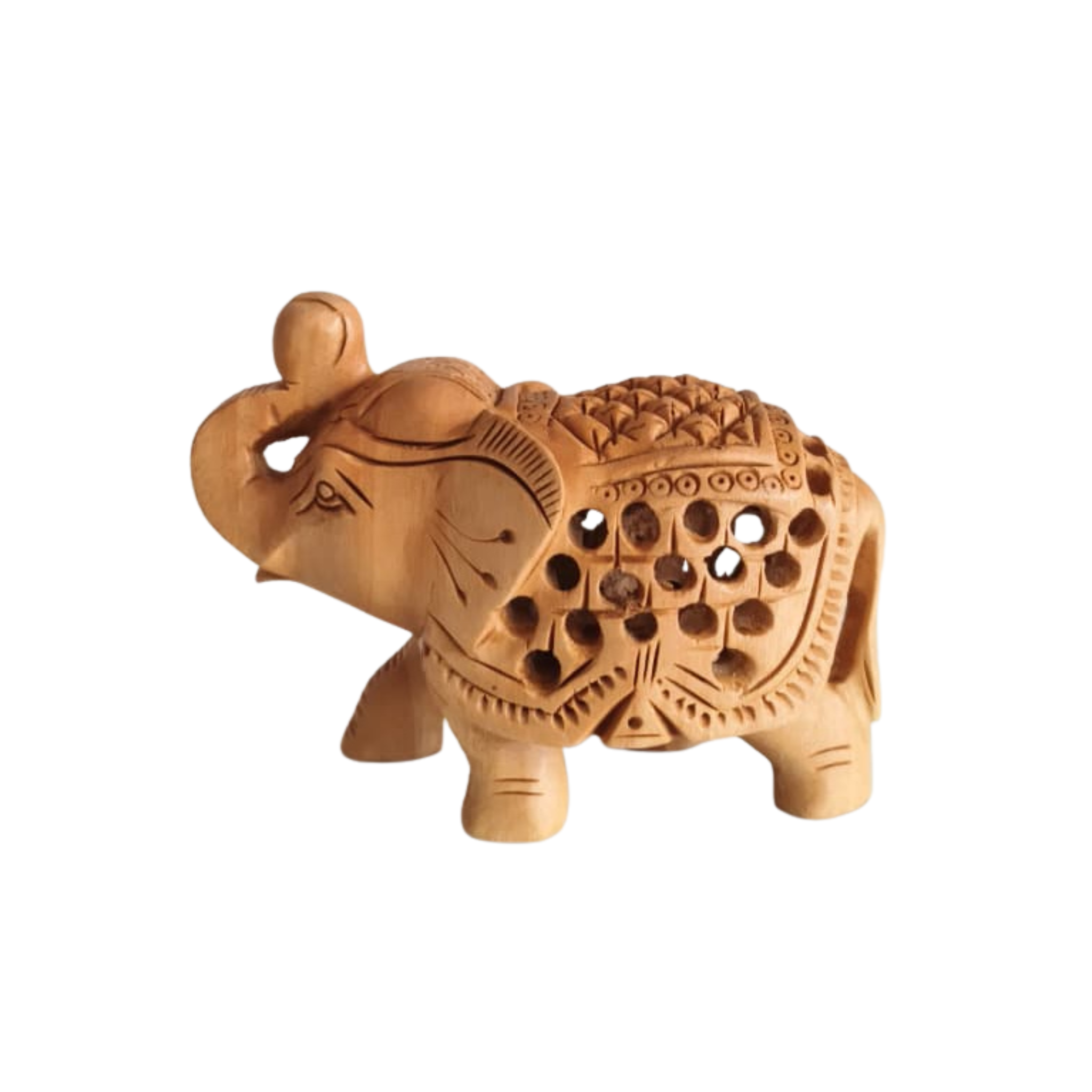 Intricately Carved Wooden Elephant Figurine with Filigree Design
