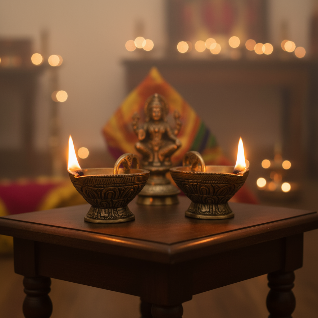 Pair Traditional Brass Oil Lamp (Diya) with Elephant Handle