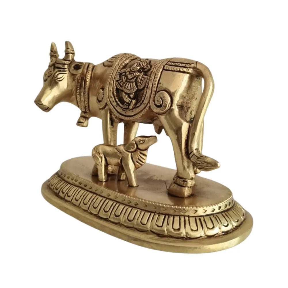 Brass Kamadhenu Cow and Calf Idol – Divine Gau Mata for Wealth   Brass Ware
