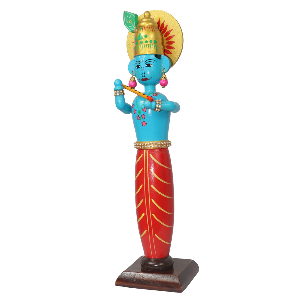 Handcrafted Channapatna wooden Krishna standing idol with vibrant colours