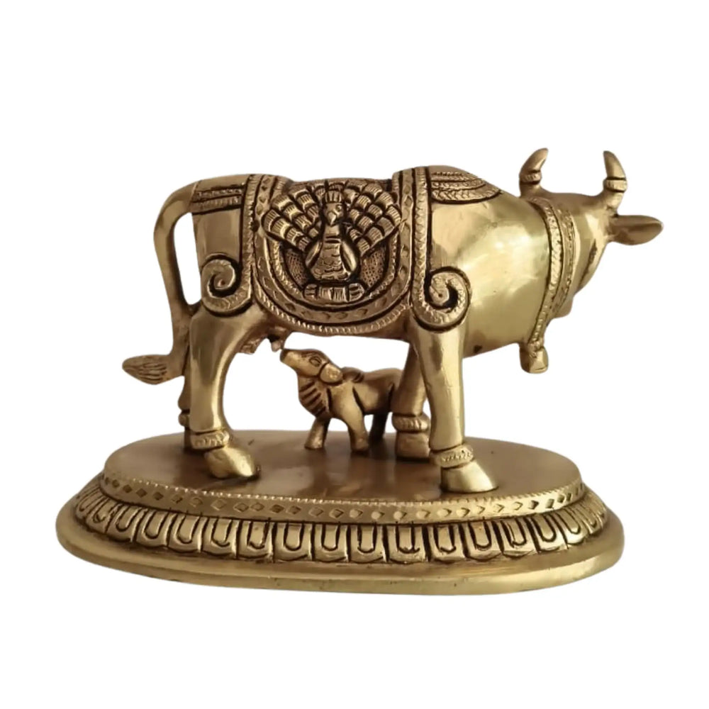 Brass Kamadhenu Cow and Calf Idol – Divine Gau Mata for Wealth   Brass Ware
