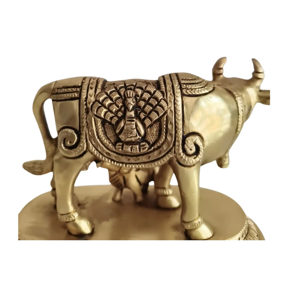 Brass Kamadhenu Cow and Calf Idol – Divine Gau Mata for Wealth   Brass Ware
