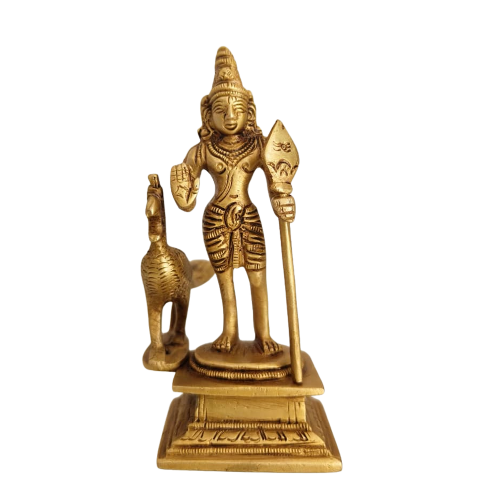 Brass Lord Murugan Idol with Peacock – Kartikeya Swamy Statue for Pooja & Home Decor   Brass Artwork