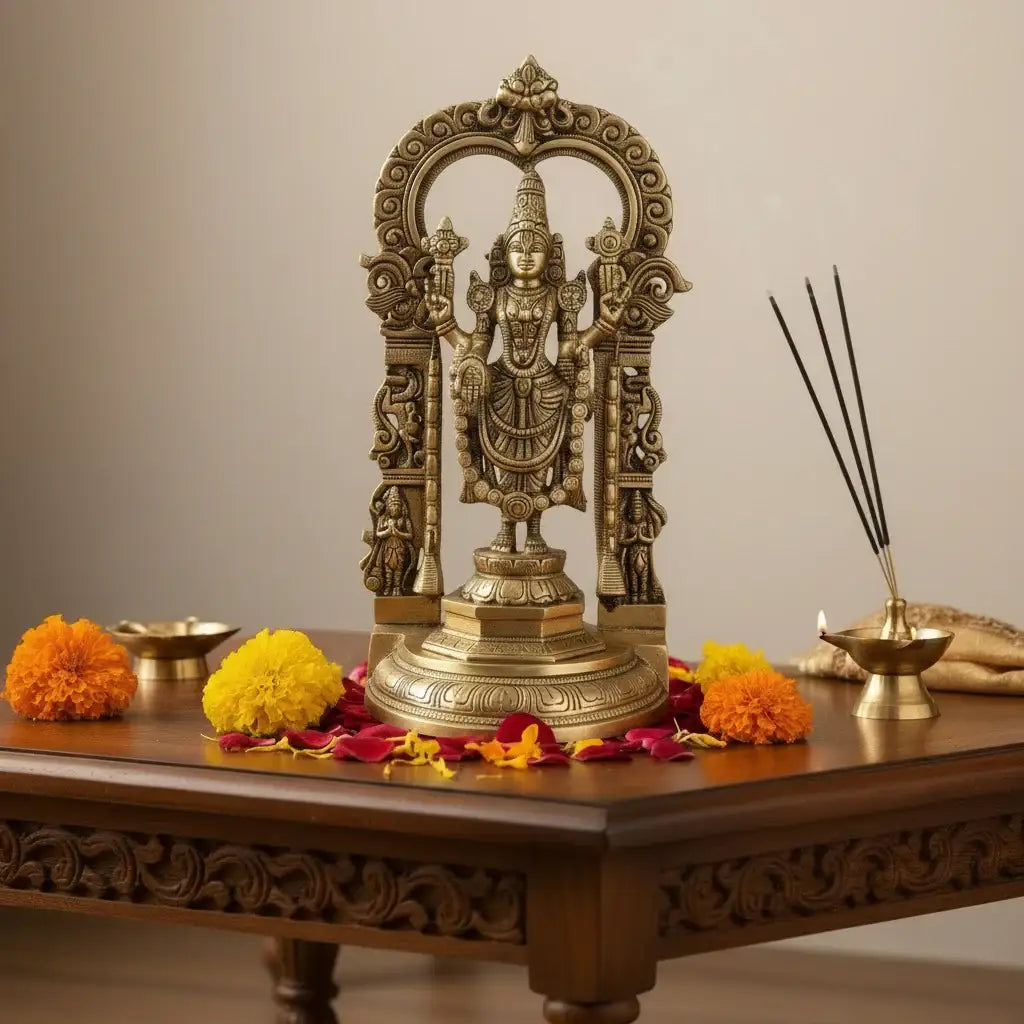 Antique Brass Lord Venkateswara Idol – Tirupati Balaji Statue with Arch for Home Temple   Brass Ware