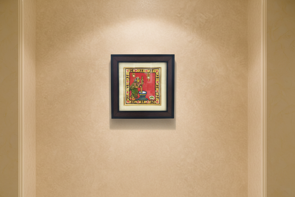 Woman Pounding Grain Traditional Village Life - Cheriyal Folk Art Painting   Cheriyala Painting
