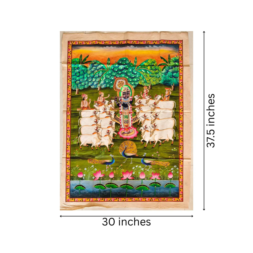 Traditional Shrinathji Pichwai Painting - Krishna with Gopis, Cows, and Peacocks   Paintings