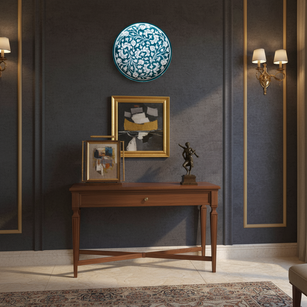 Hand-Painted Teal Blue Pottery Floral Wall Plate