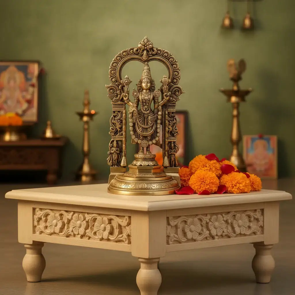 Antique Brass Lord Venkateswara Idol – Tirupati Balaji Statue with Arch for Home Temple   Brass Ware