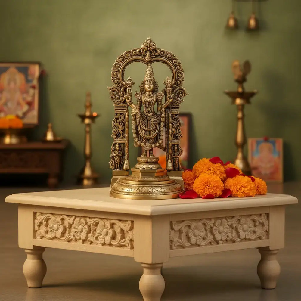 Antique Brass Lord Venkateswara Idol – Tirupati Balaji Statue with Arch for Home Temple   Brass Ware