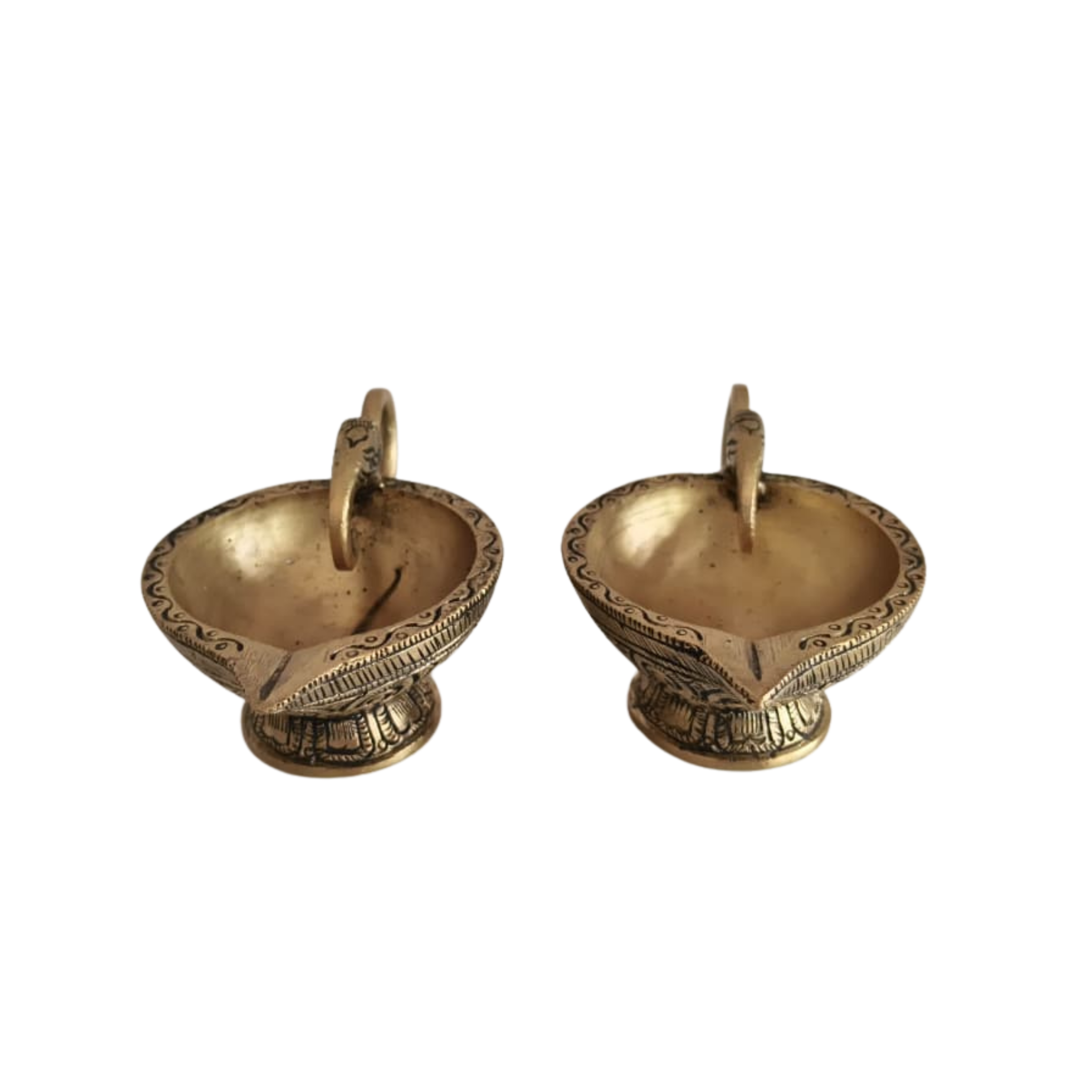 Pair Traditional Brass Oil Lamp (Diya) with Elephant Handle