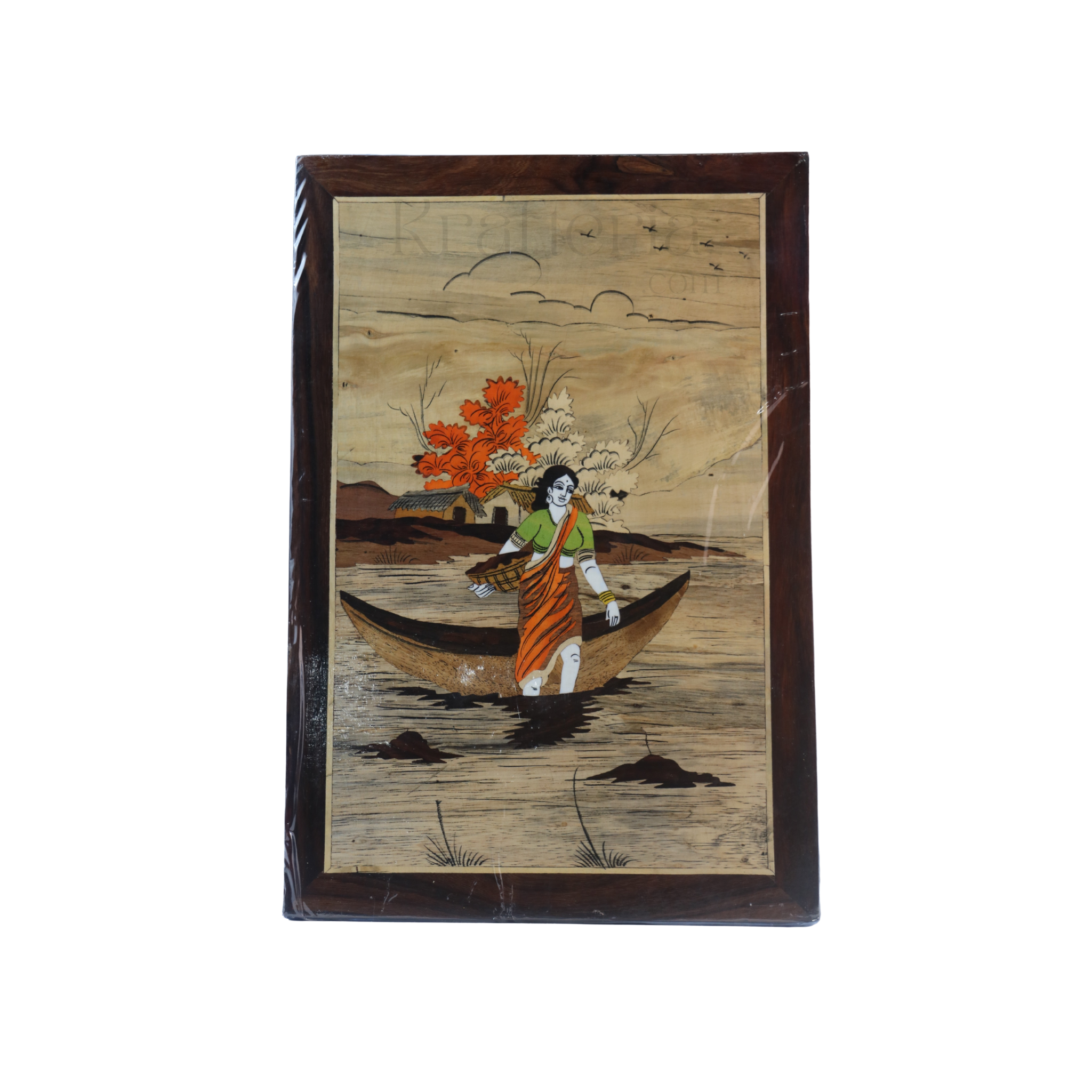 Wood Inlay Fisher Woman Frame – Handmade Rural Life Artwork