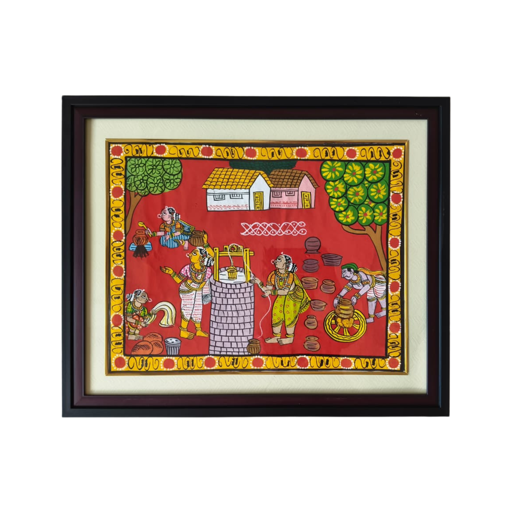 Hand-Painted Village Well & Daily Life Cheriyal Painting   Cheriyala Painting