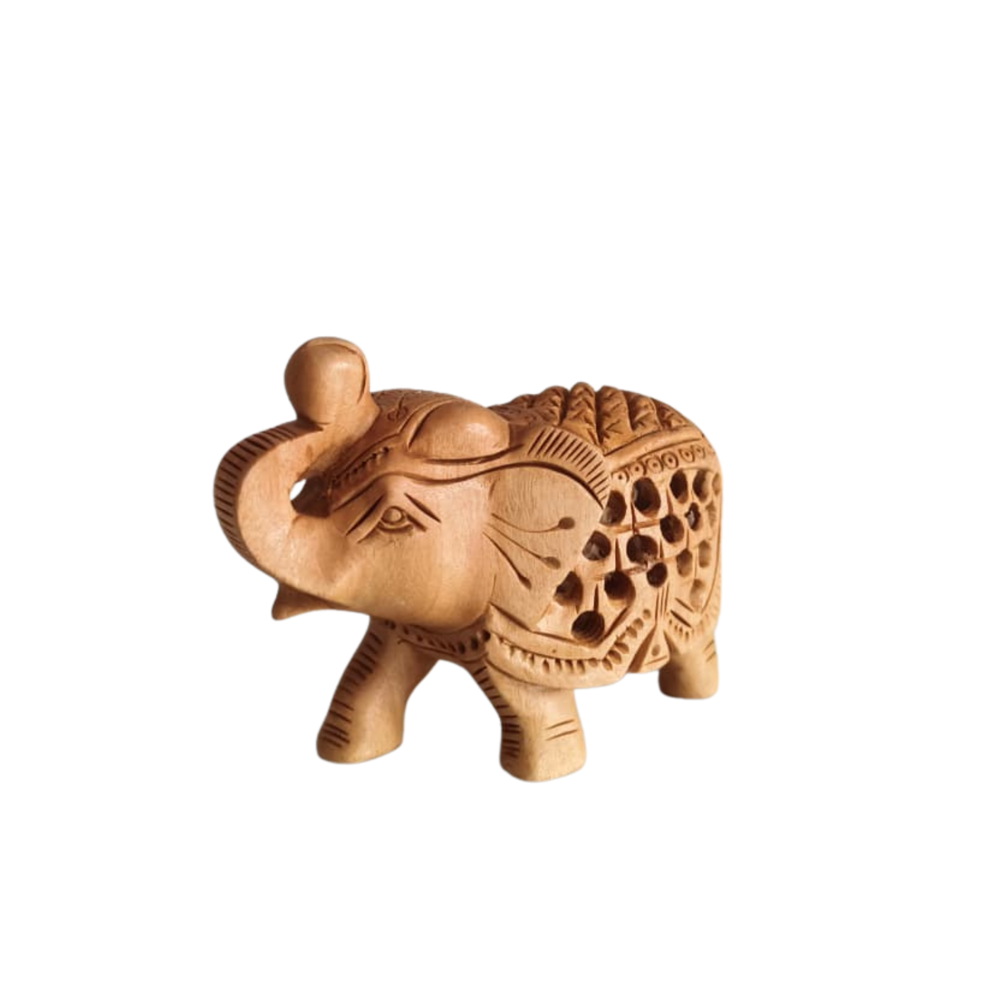 Intricately Carved Wooden Elephant Figurine with Filigree Design