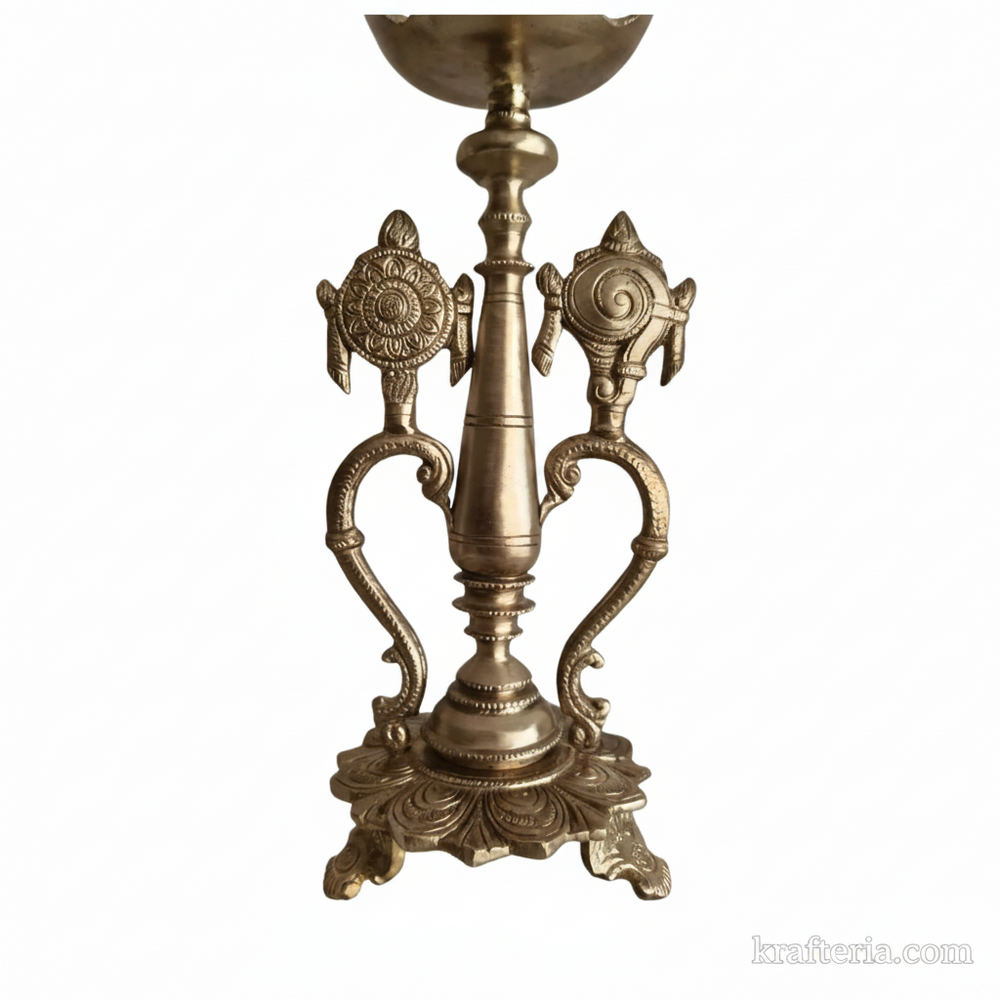 Sacred Brass Vishnu Shankh Chakra Pedestal Lamp | Traditional Divine Altar Diya   Brass Artwork