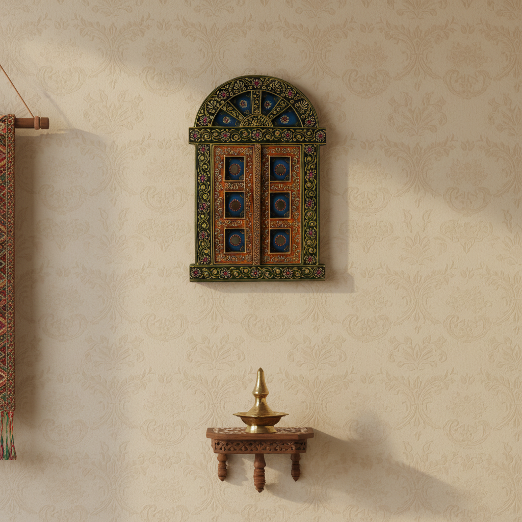 Hand-Painted Wooden Jharokha Door Frame – Traditional Wall Decor