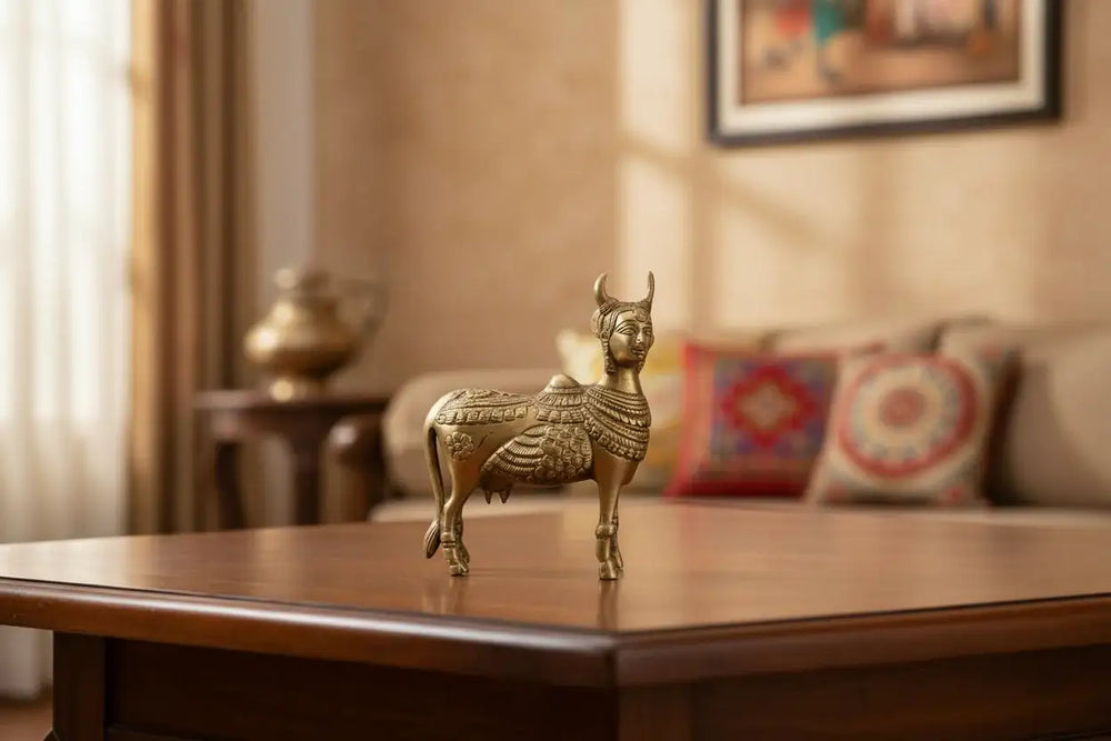Divine Brass Kamadhenu with Calf – Sacred Vastu and Pooja Idol   Brass Ware