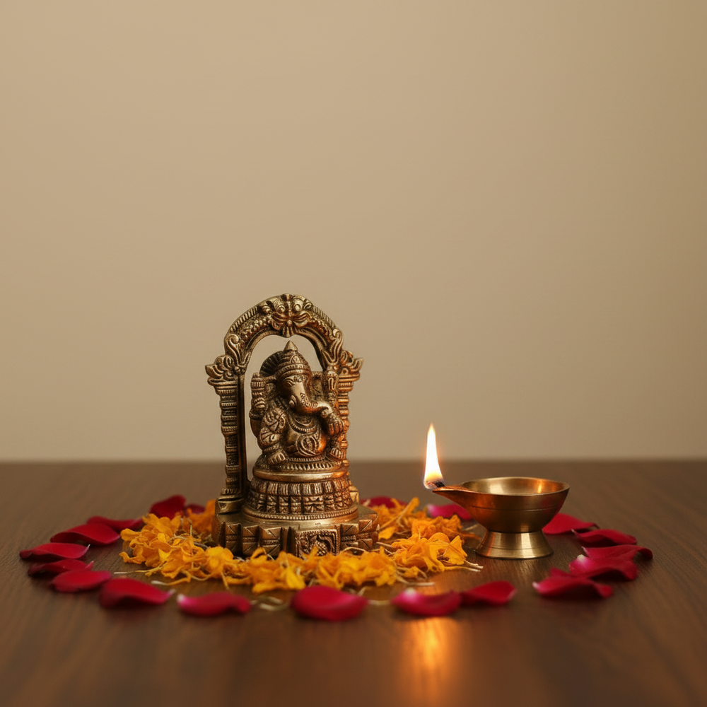 Brass Ganesha Idol with Prabhavali Arch - Lord of New Beginnings   Brass Artwork