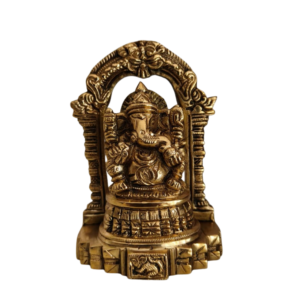 Brass Ganesha Idol with Prabhavali Arch - Lord of New Beginnings   Brass Artwork