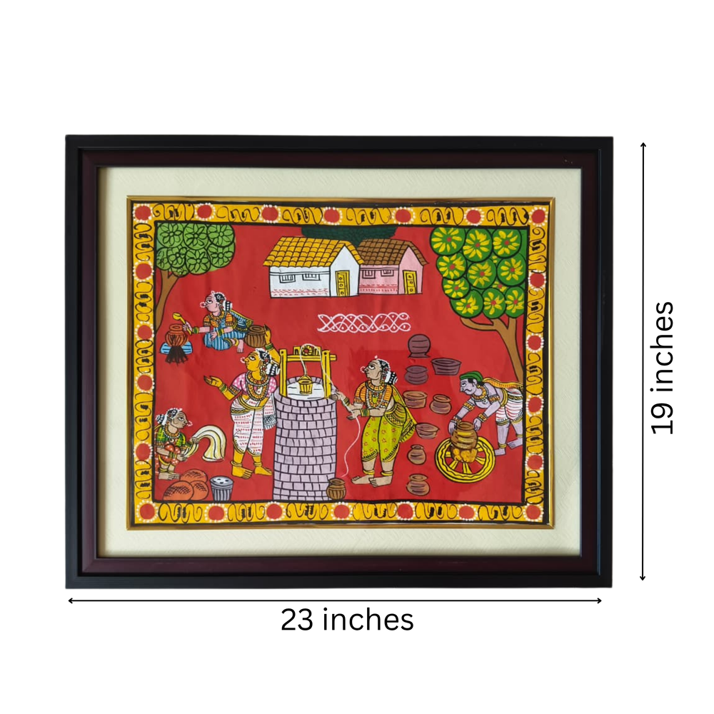 Hand-Painted Village Well & Daily Life Cheriyal Painting   Cheriyala Painting