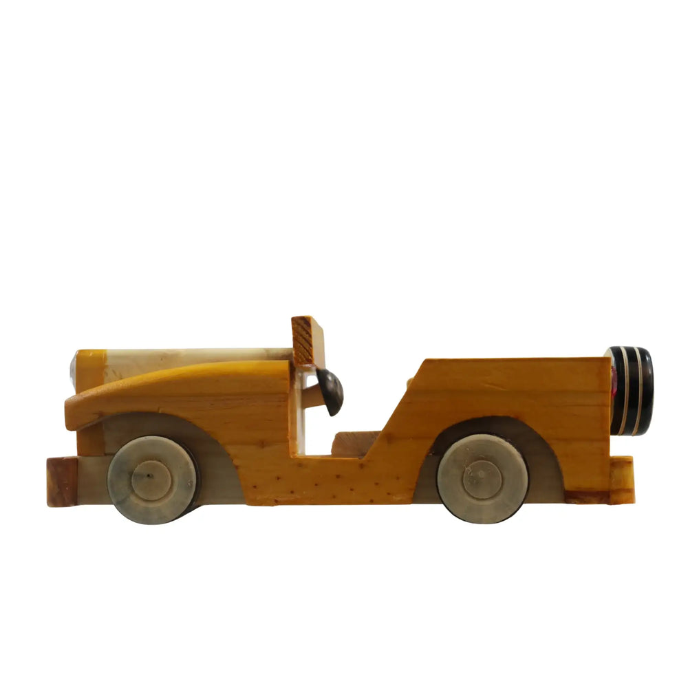 Traditional Channapatna wooden racing car toy inspired by mud racers