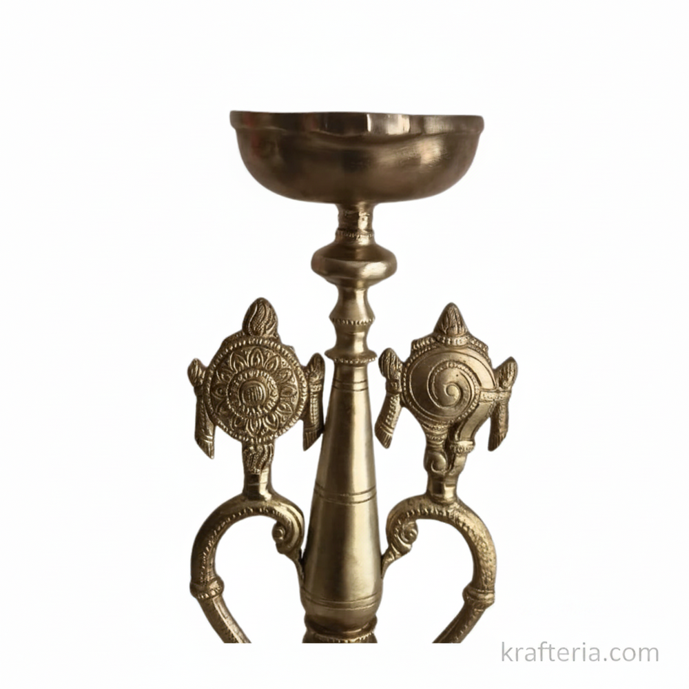 Sacred Brass Vishnu Shankh Chakra Pedestal Lamp | Traditional Divine Altar Diya   Brass Artwork