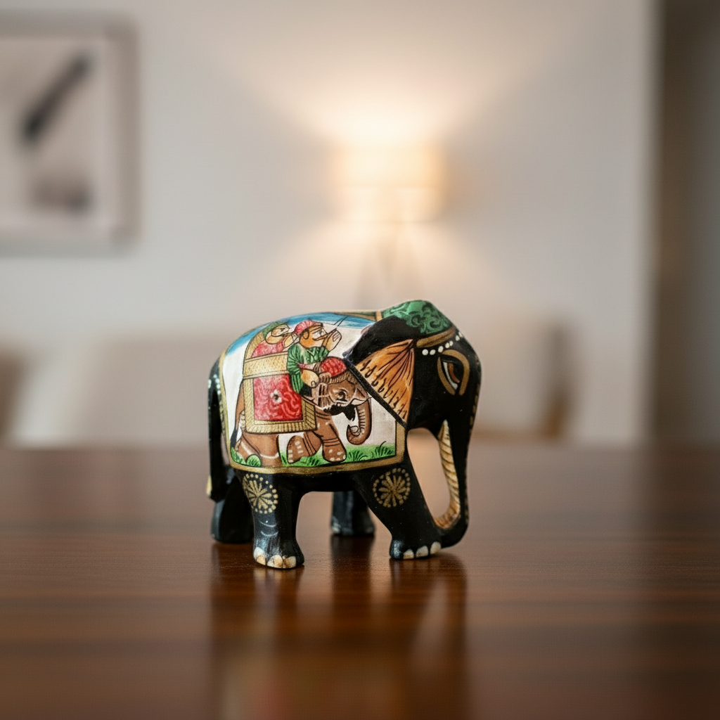 Black Painted Wooden Mughal Elephants – Elegant Decorative Figurines