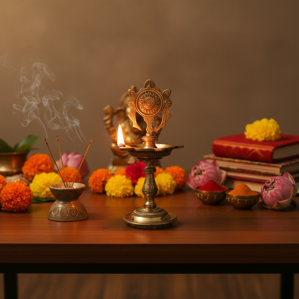 Brass Decorative Diya Stand - Traditional Puja Oil Lamp