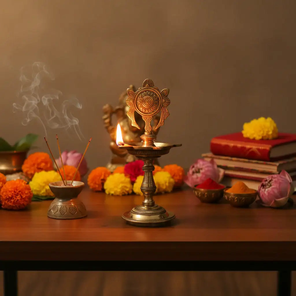 Brass Diya Stand Decorative - Traditional Puja Oil Lamp   Brass Ware