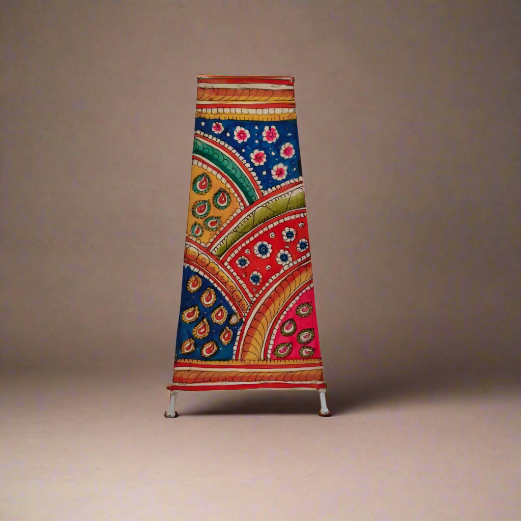 Hand-Painted Indian Leather Puppetry Lamp with Intricate Paisley and Floral Designs