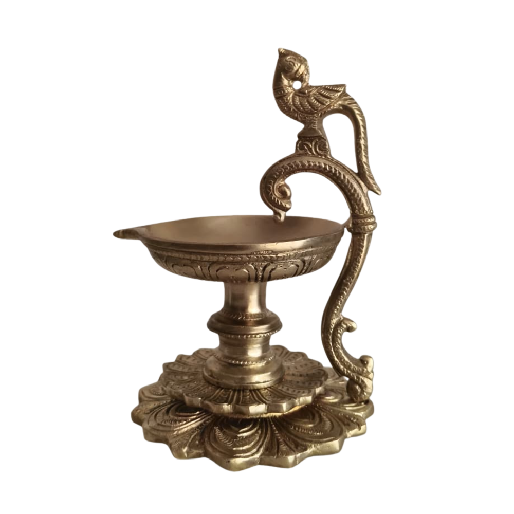 Handcrafted Brass Peacock Pedestal Diya – Traditional Tabletop Oil Lamp with Lotus Base   Brass Artwork
