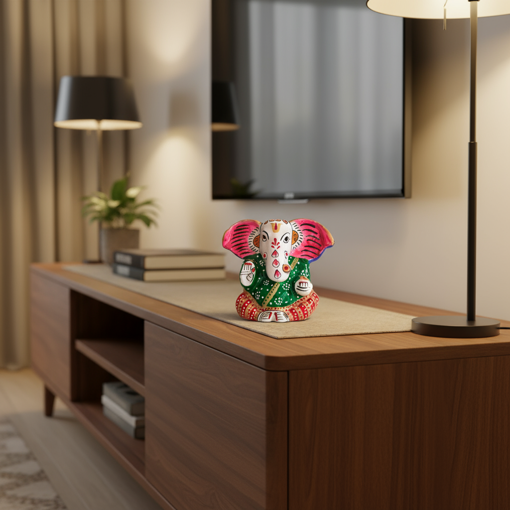 Hand-painted Meenakari Ganesha idol depicting Lord of Beginnings with intricate traditional detailing