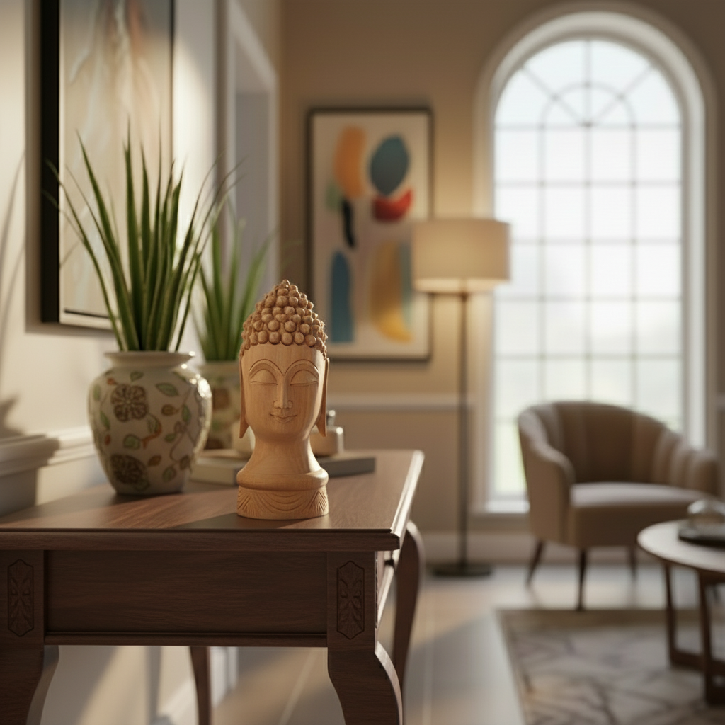 Buddha Wooden Head Statue | Hand-Carved Spiritual Decor