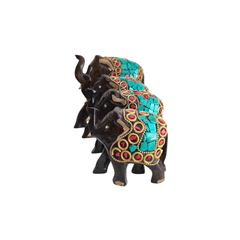 Wooden Hand Painted Elephant With Blue Stone