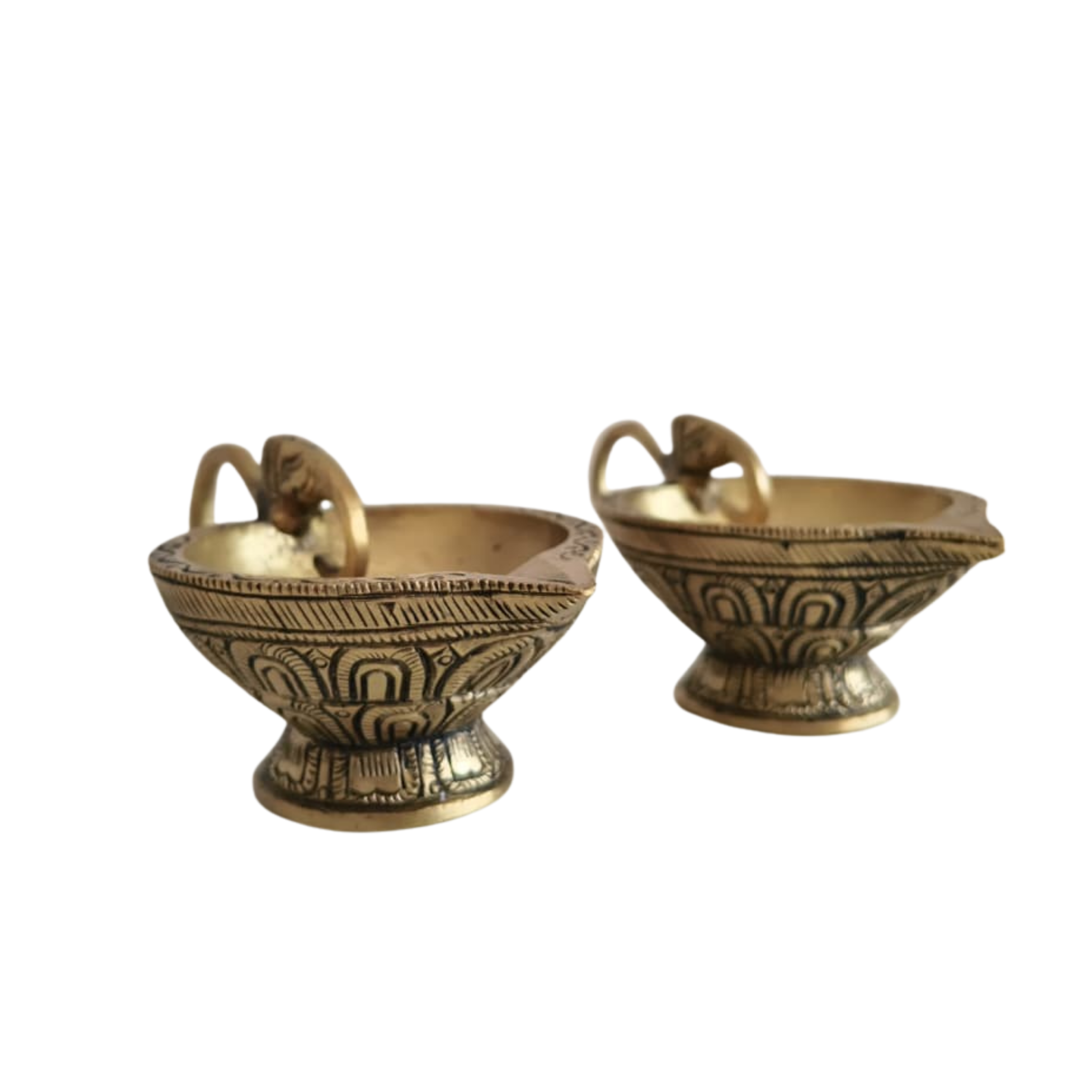Pair Traditional Brass Oil Lamp (Diya) with Elephant Handle