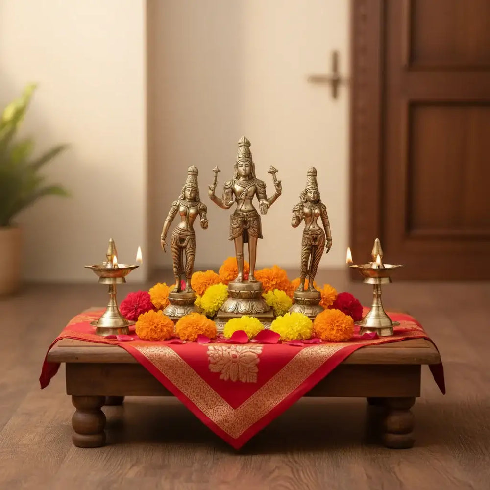 Brass Vishnu Lakshmi Bhudevi Statue Set – Antique Finish Hindu Deity Trio Idol   Brass Ware