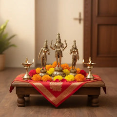 Brass Vishnu Lakshmi Bhudevi Statue Set – Antique Finish Hindu Deity Trio Idol   Brass Ware