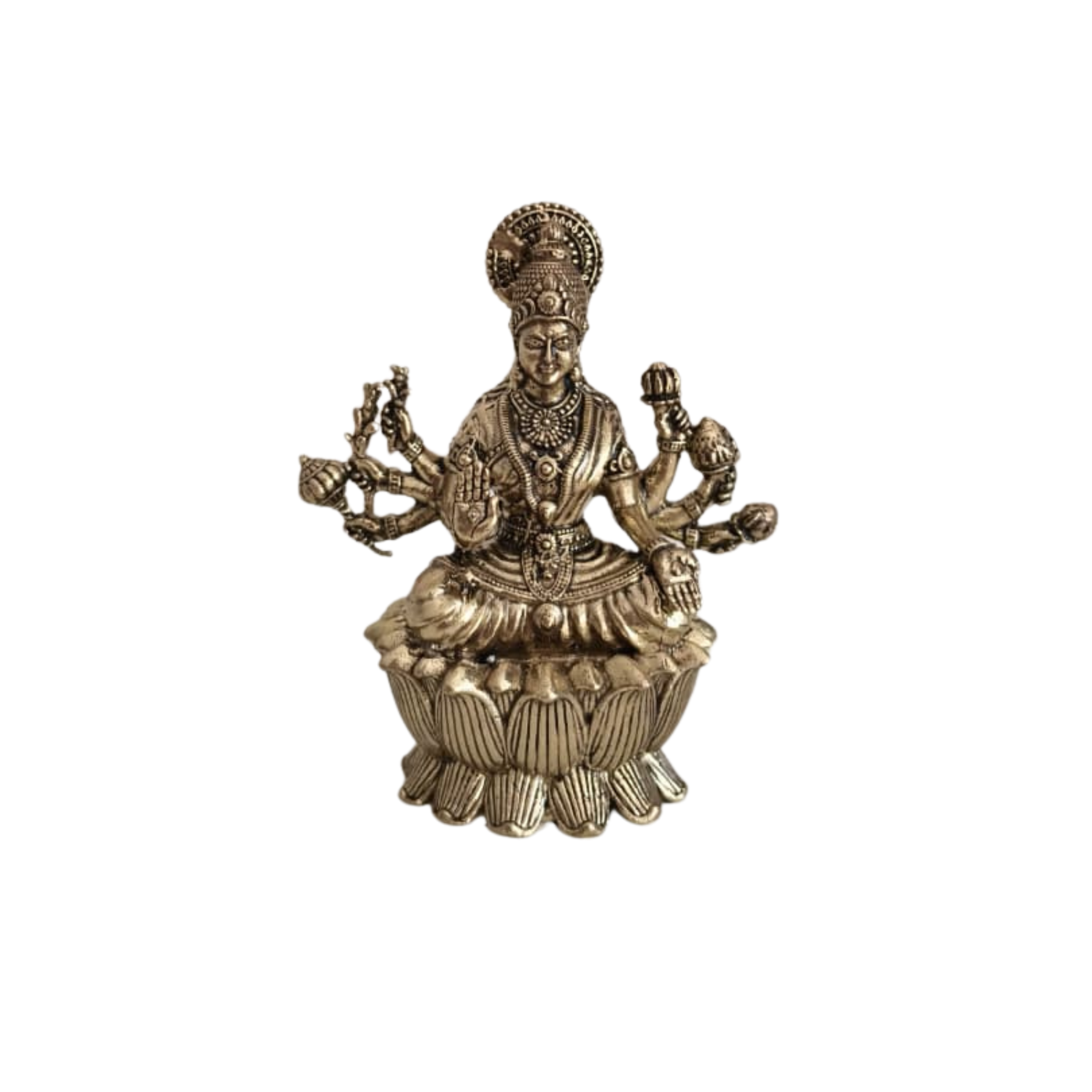 Brass Ashta Lakshmi Idol Seated on Lotus - Eight-Armed Goddess