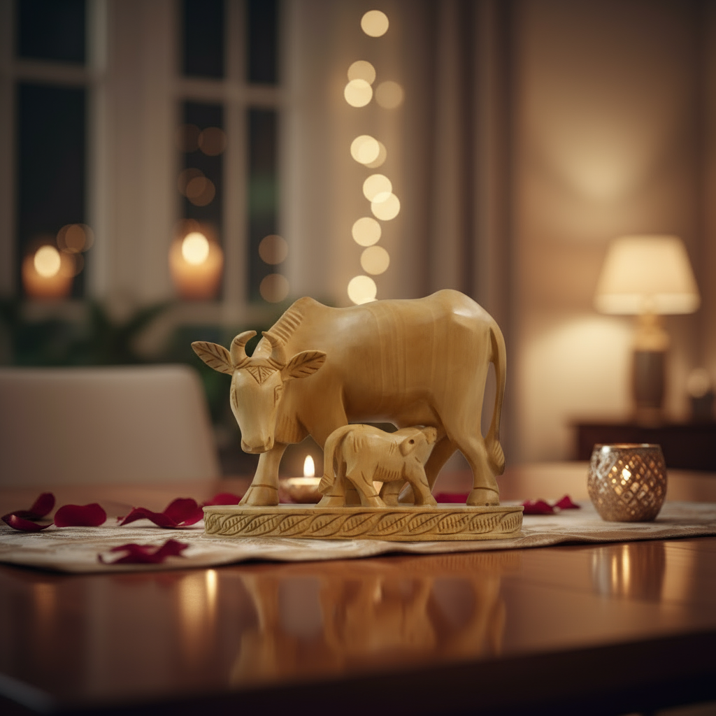 Hand-Carved Wooden Cow with Calf