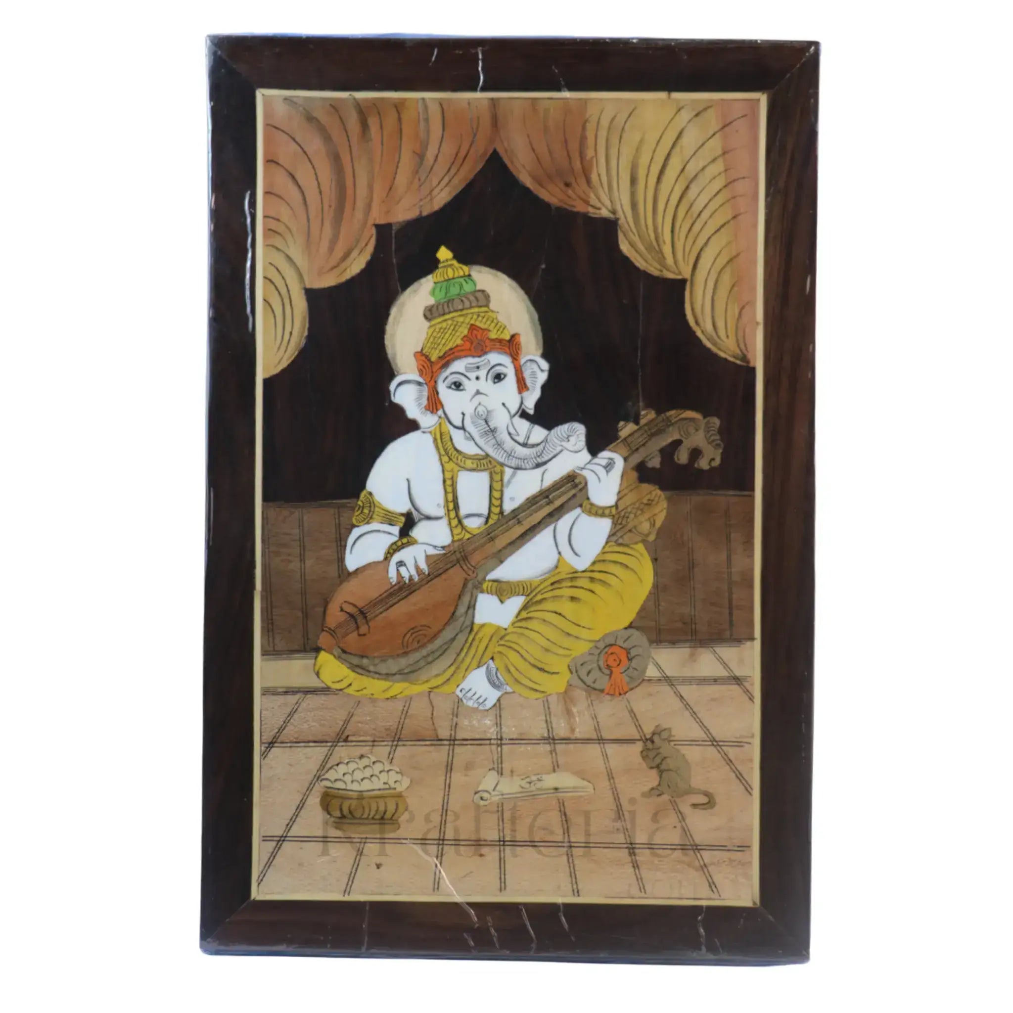 Ganesh in Temple Scene – Wooden Inlay Spiritual Artwork for Home & Office Arun