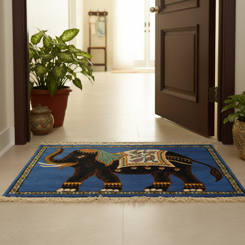 Opulent Threads Wool Carpet -  Majestic Elephant on Cerulean Blue