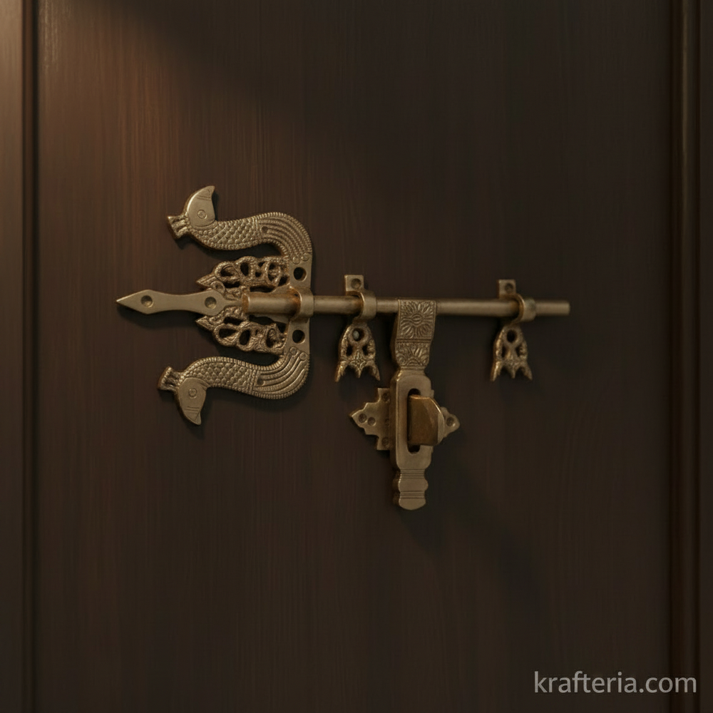 Antique Brass Trishul Door Latch | Traditional Decorative Door Bolt   Brass Artwork