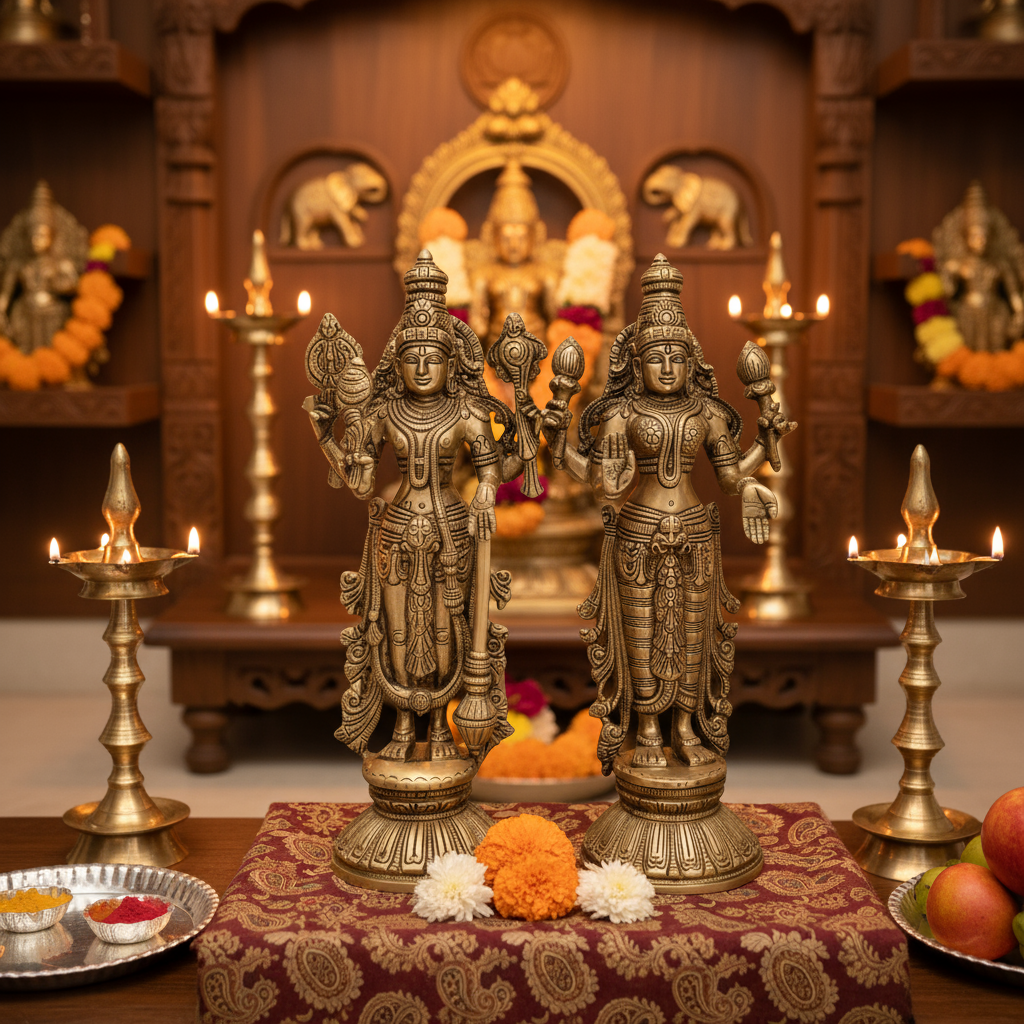 Handcrafted brass Vishnu and Lakshmi idol set for home temple decor