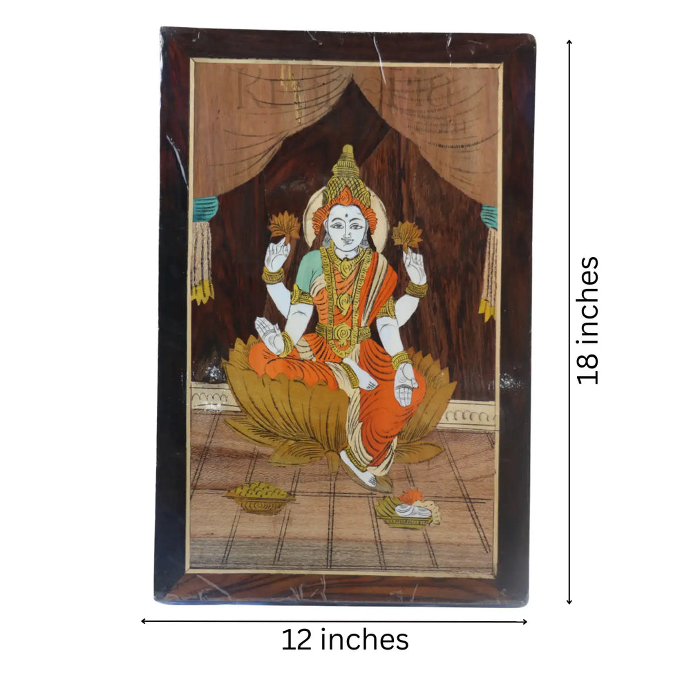 Divine Lakshmi Devi Wooden Inlay Frame – South Indian Handmade Masterpiece Arun
