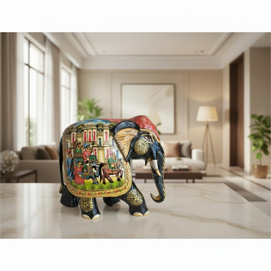 Black Painted Wooden Mughal Elephants – Elegant Decorative Figurines