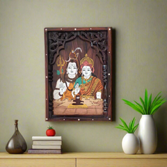 Divine Rosewood Inlay Artwork – Lord Shiva & Goddess Parvati with Lingam