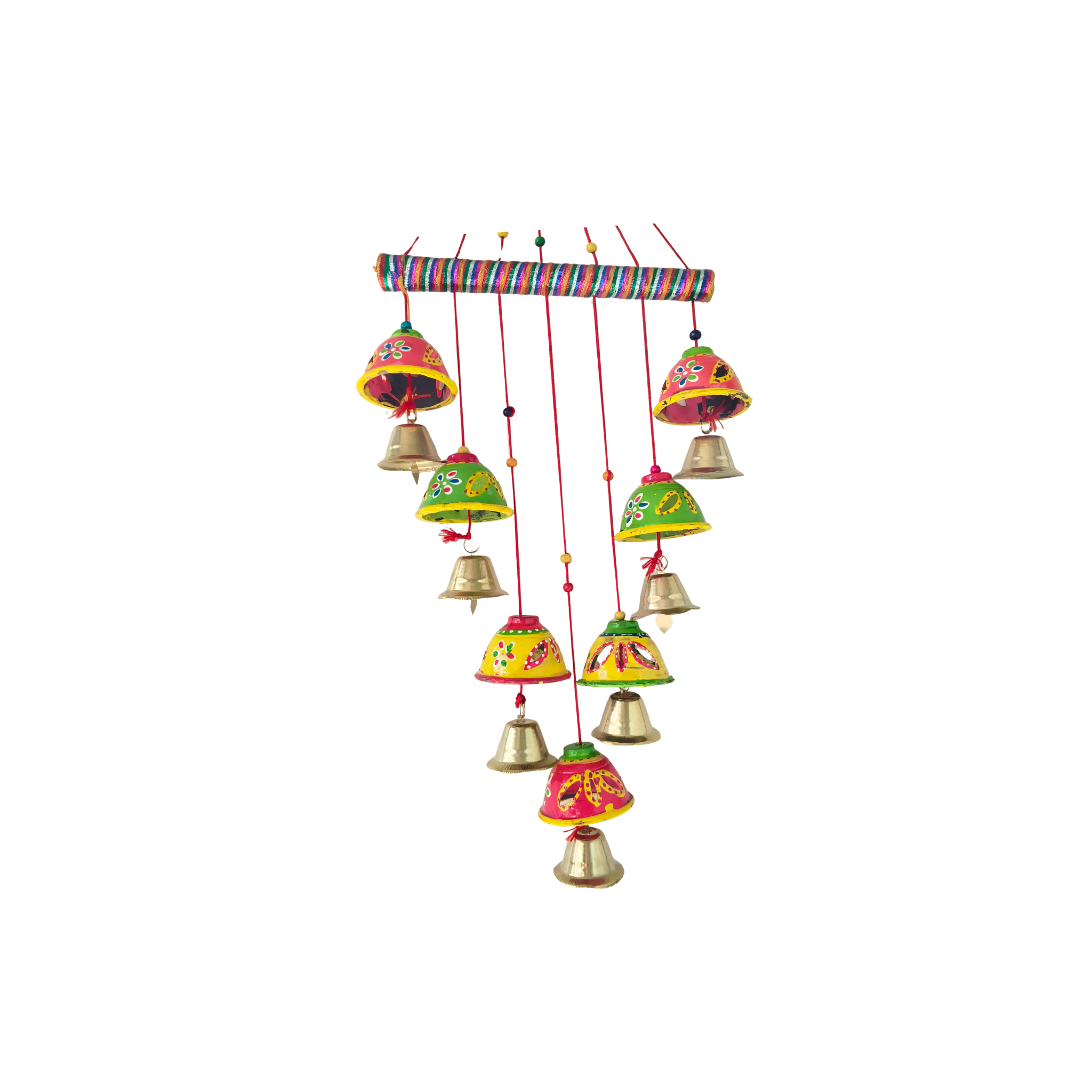 Vibrant Hand-Painted Clay and Metal Bell Wind Chime/Wall Hanging