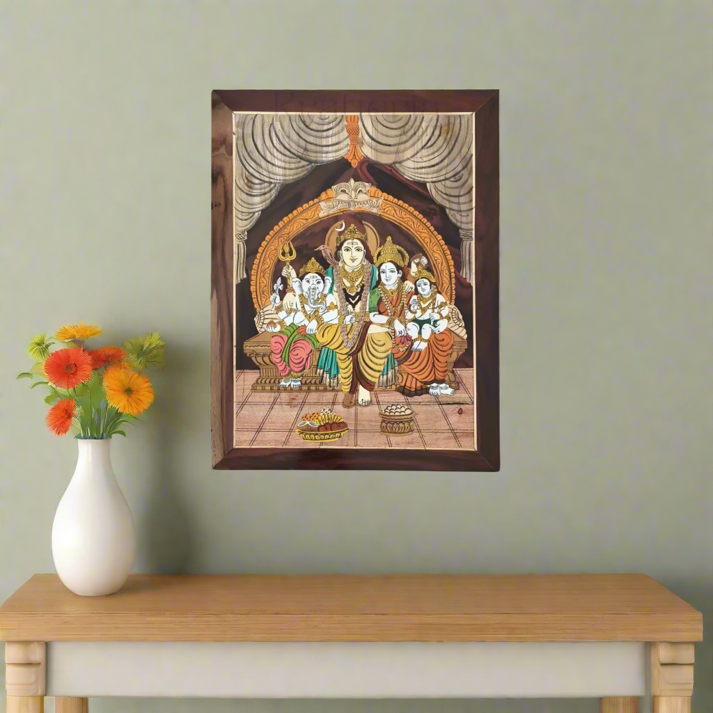 Divine Darbar of Lord Shiva and Parvati Family – Wooden Inlay Art